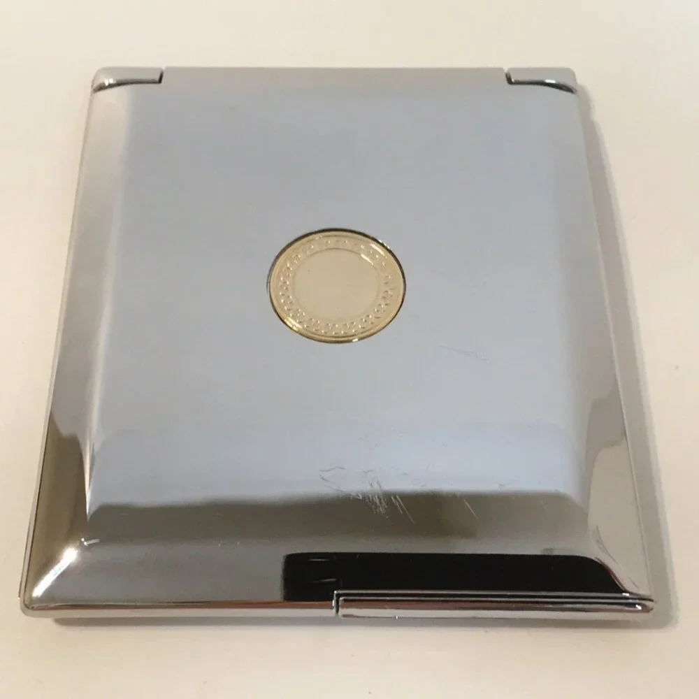 Compact Makeup Mirror Gold Inlay Silver Tone Metal Case Double Sided Folding